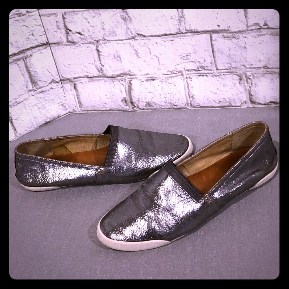 FRYE Metallic Silver Pewter Leather Slip on Flats